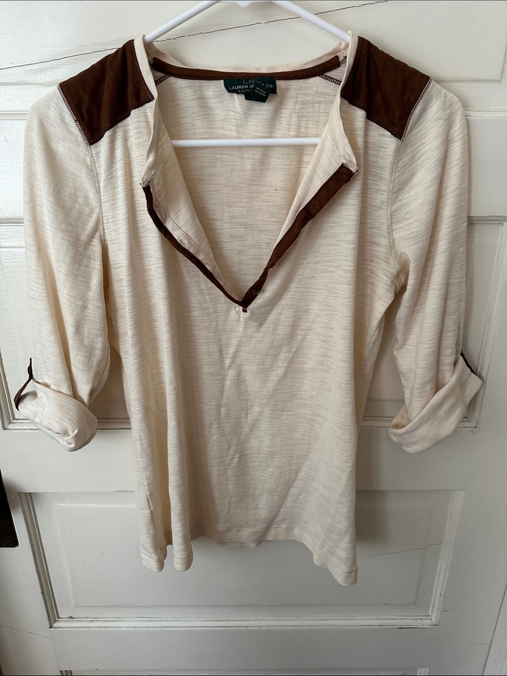 Lauren Ralph Lauren Cream Henley Top with Faux Suede Brown Shoulder Accents